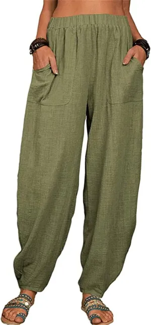 Maiyifu-GJ Women's Baggy Linen Wide Leg Pants Elastic Waist Casual Loose Long Trousers High Waisted Comfy Lounge Pant