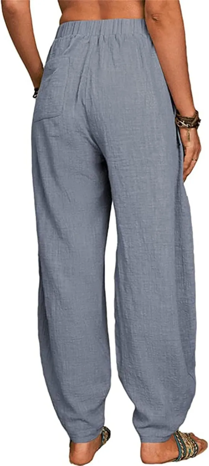 Maiyifu-GJ Women's Baggy Linen Wide Leg Pants Elastic Waist Casual Loose Long Trousers High Waisted Comfy Lounge Pant