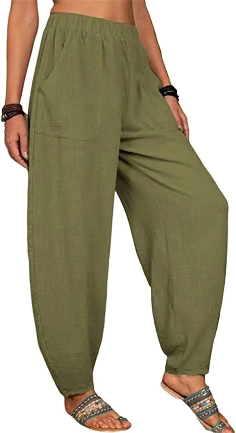 Maiyifu-GJ Women's Baggy Linen Wide Leg Pants Elastic Waist Casual Loose Long Trousers High Waisted Comfy Lounge Pant