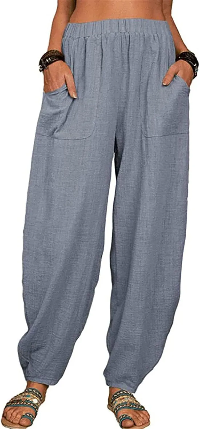 Maiyifu-GJ Women's Baggy Linen Wide Leg Pants Elastic Waist Casual Loose Long Trousers High Waisted Comfy Lounge Pant