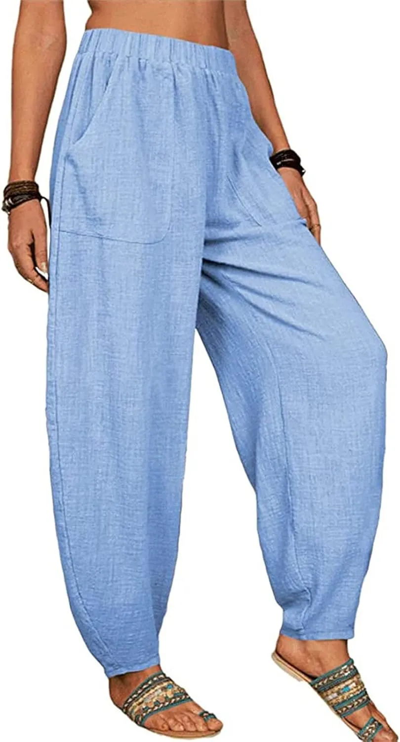 Maiyifu-GJ Women's Baggy Linen Wide Leg Pants Elastic Waist Casual Loose Long Trousers High Waisted Comfy Lounge Pant
