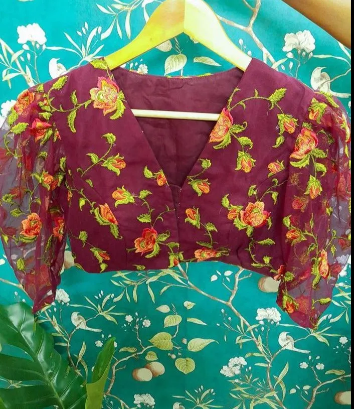 Maroon colored readymade blouse in Tulle Fabric