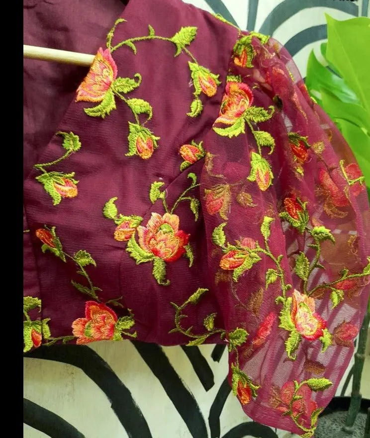 Maroon colored readymade blouse in Tulle Fabric