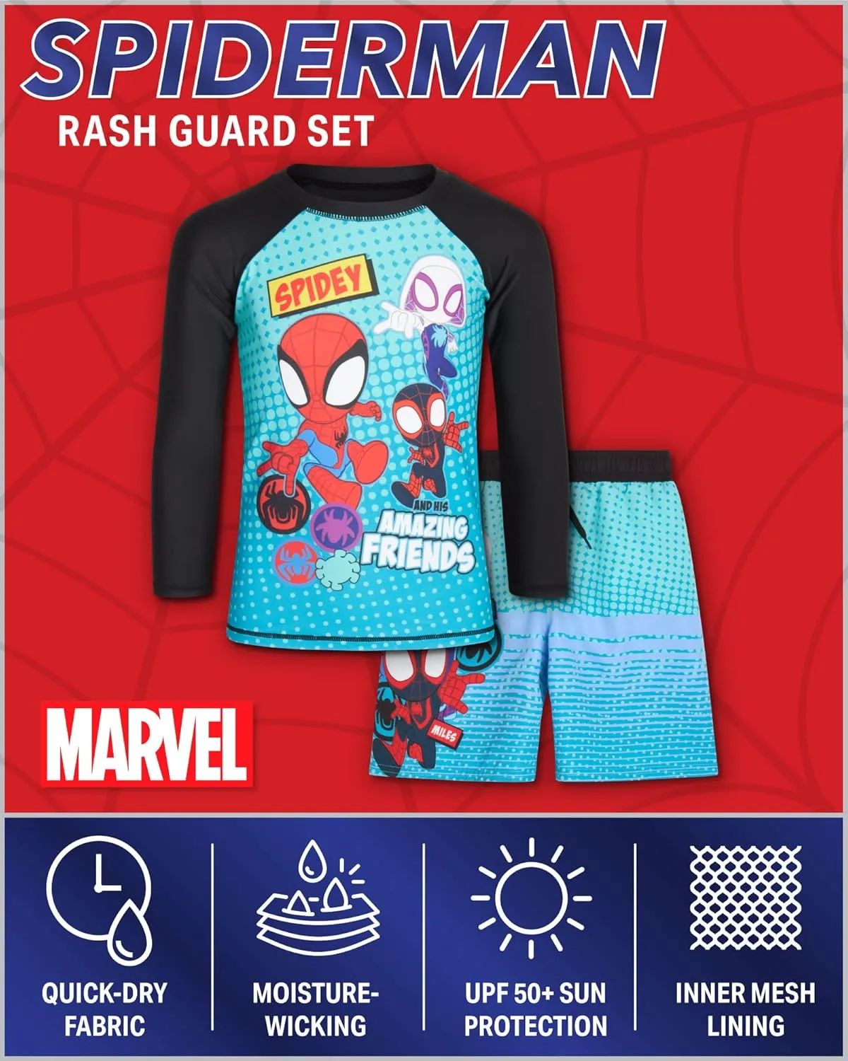 Marvel Boys Rash Guard Set - 2 Piece Spiderman Spidey & His Amazing Friends UPF50  Swim Shirt & Swim Trunks for Boys (2T-12)