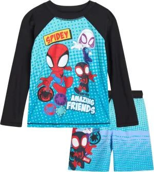 Marvel Boys Rash Guard Set - 2 Piece Spiderman Spidey & His Amazing Friends UPF50  Swim Shirt & Swim Trunks for Boys (2T-12)