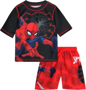 Marvel Boys Rash Guard Set - 2 Piece Spiderman Spidey & His Amazing Friends UPF50  Swim Shirt & Swim Trunks for Boys (2T-12)