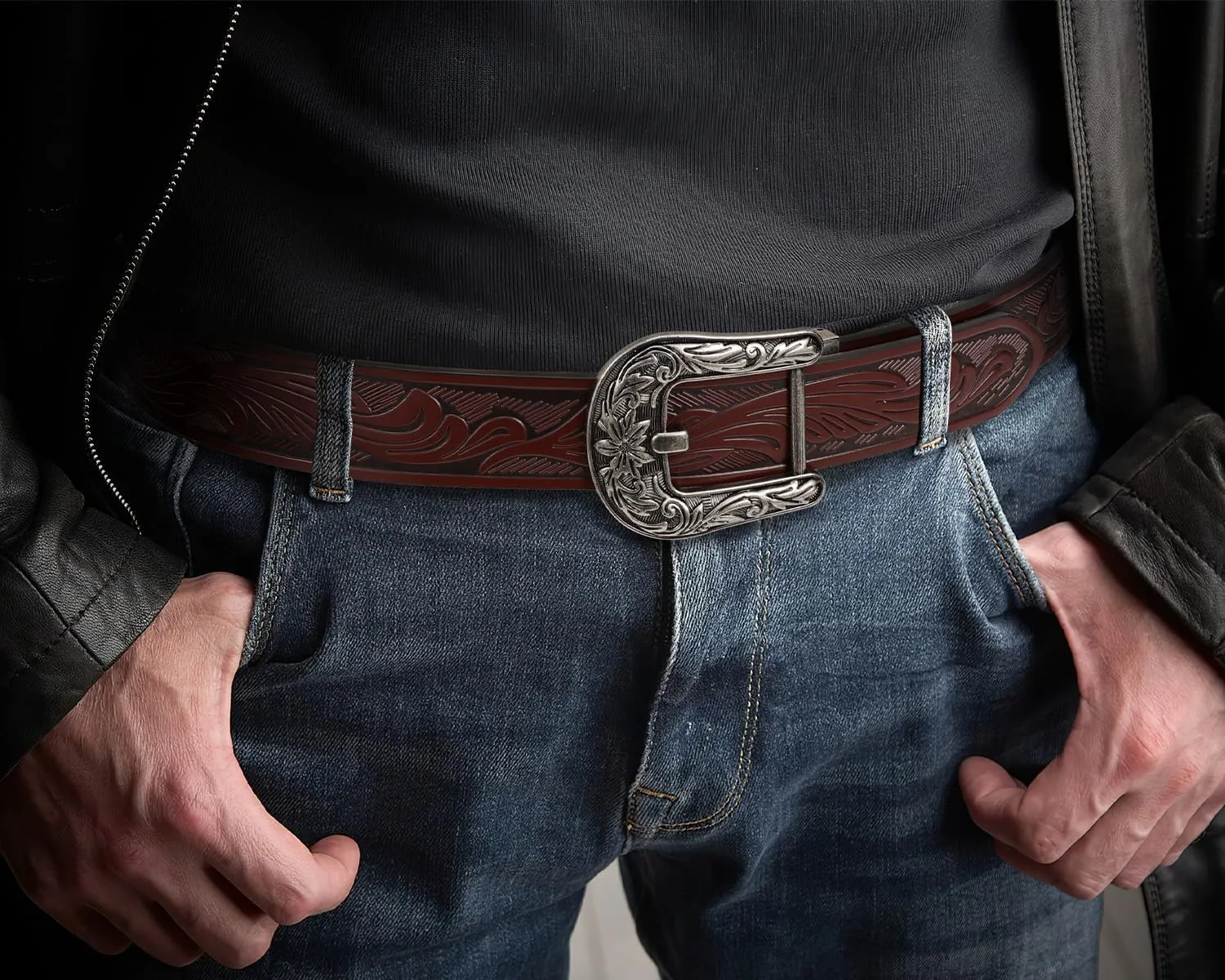 Mens Ratchet Western Belt Leather Cowboy Belts for Men with Automatic Western Buckle Belt for Jeans Christmas Gifts