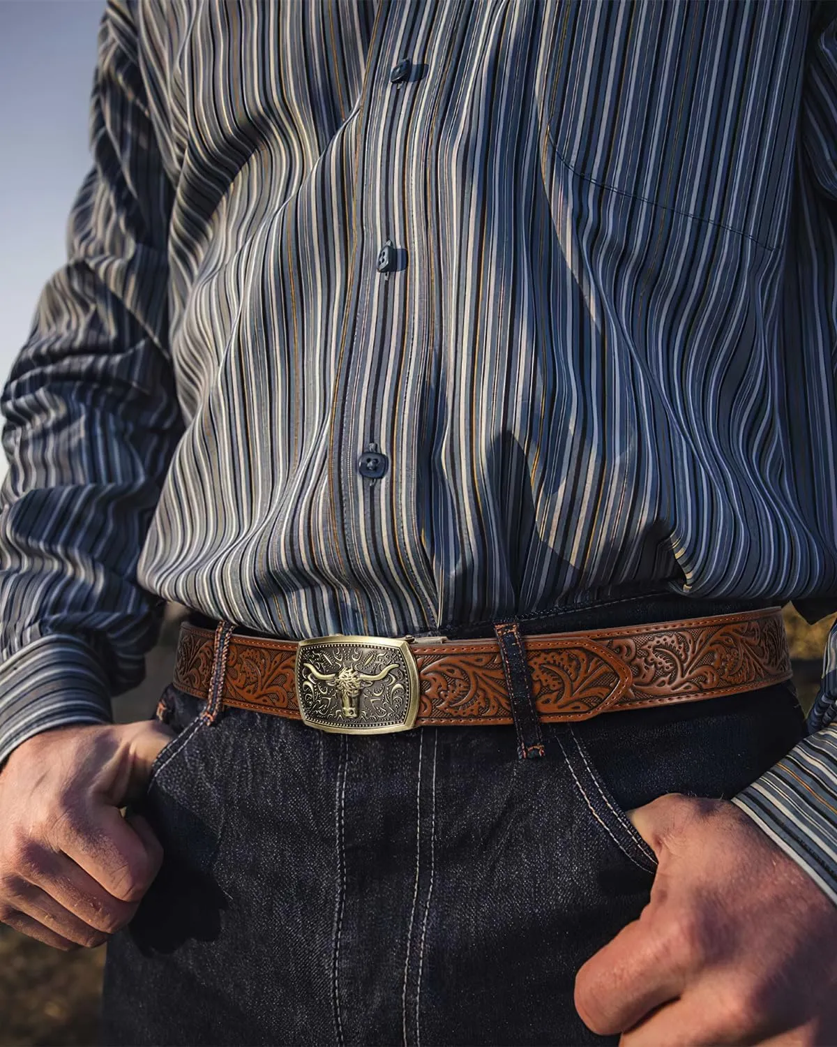 Mens Ratchet Western Belt Leather Cowboy Belts for Men with Automatic Western Buckle Belt for Jeans Christmas Gifts