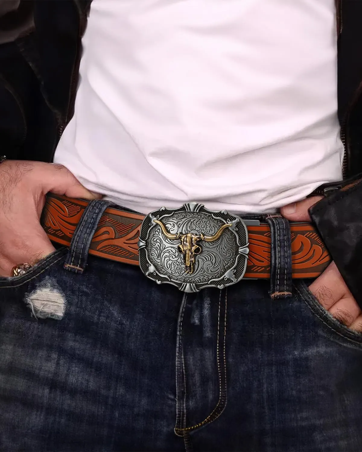 Mens Ratchet Western Belt Leather Cowboy Belts for Men with Automatic Western Buckle Belt for Jeans Christmas Gifts