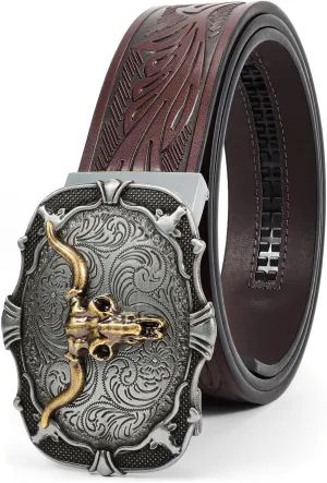 Mens Ratchet Western Belt Leather Cowboy Belts for Men with Automatic Western Buckle Belt for Jeans Christmas Gifts
