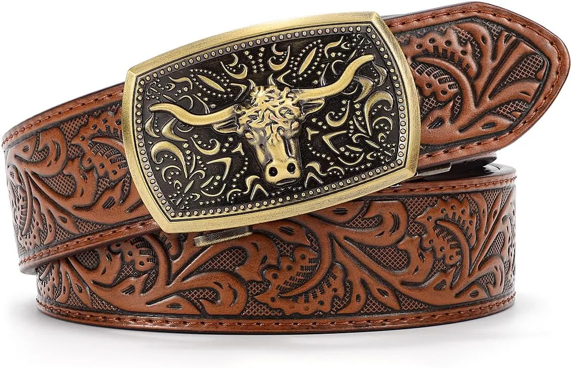 Mens Ratchet Western Belt Leather Cowboy Belts for Men with Automatic Western Buckle Belt for Jeans Christmas Gifts