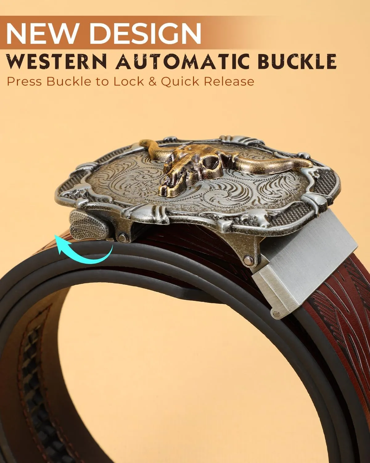 Mens Ratchet Western Belt Leather Cowboy Belts for Men with Automatic Western Buckle Belt for Jeans Christmas Gifts