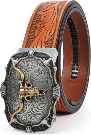 Mens Ratchet Western Belt Leather Cowboy Belts for Men with Automatic Western Buckle Belt for Jeans Christmas Gifts
