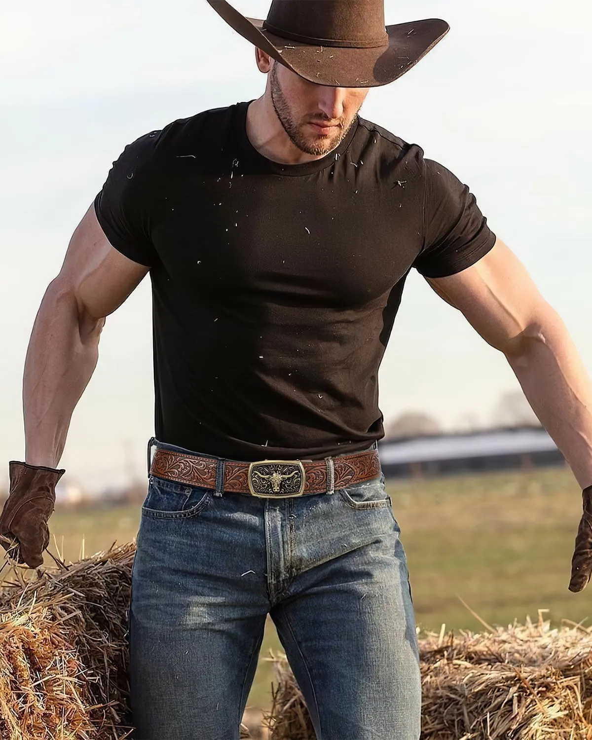 Mens Ratchet Western Belt Leather Cowboy Belts for Men with Automatic Western Buckle Belt for Jeans Christmas Gifts