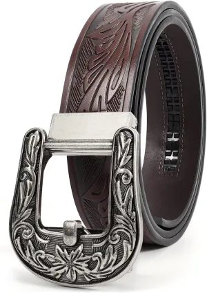 Mens Ratchet Western Belt Leather Cowboy Belts for Men with Automatic Western Buckle Belt for Jeans Christmas Gifts