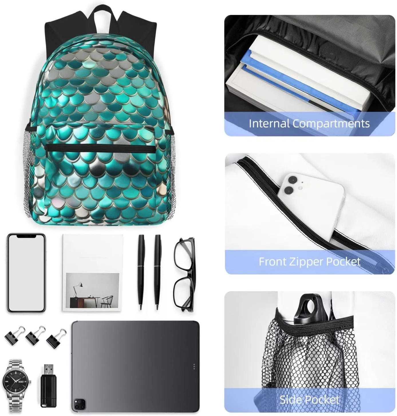 Mermaid Scale Fashion Backpack,Casual Daypack Backpacks For Men Women, Laptop Bag Travel Hiking Camping