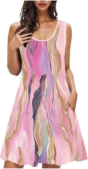 Midi Dresses for Women Summer Boho Floral Print Sleeveless Tank Dresses A-Line Casual Sundress Beach Cover Ups