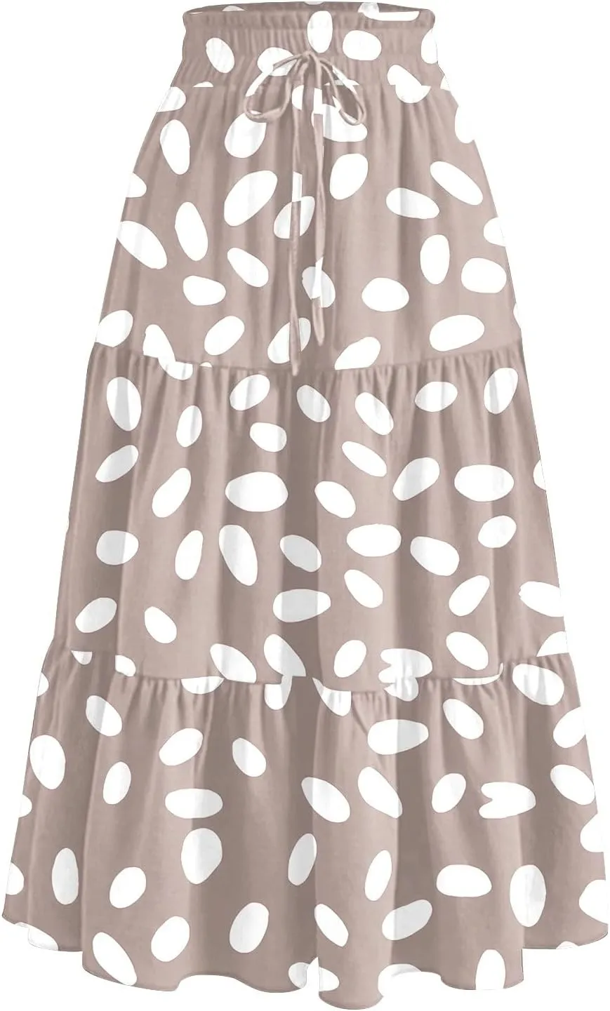 Midi Skirts for Women Trendy Summer High Waisted Flowy Boho Floral Skirts Casual Tiered A Line Skirt with Pockets