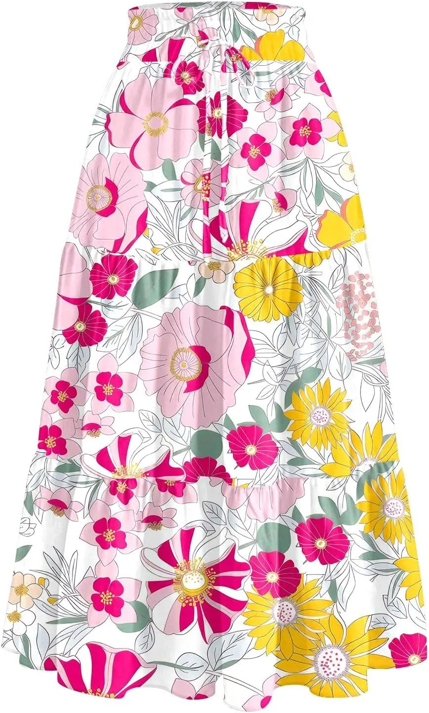 Midi Skirts for Women Trendy Summer High Waisted Flowy Boho Floral Skirts Casual Tiered A Line Skirt with Pockets