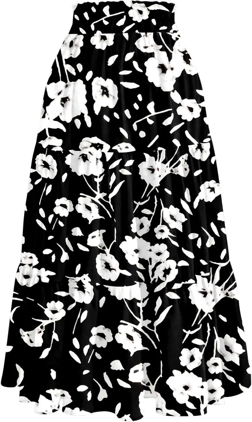 Midi Skirts for Women Trendy Summer High Waisted Flowy Boho Floral Skirts Casual Tiered A Line Skirt with Pockets