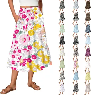 Midi Skirts for Women Trendy Summer High Waisted Flowy Boho Floral Skirts Casual Tiered A Line Skirt with Pockets
