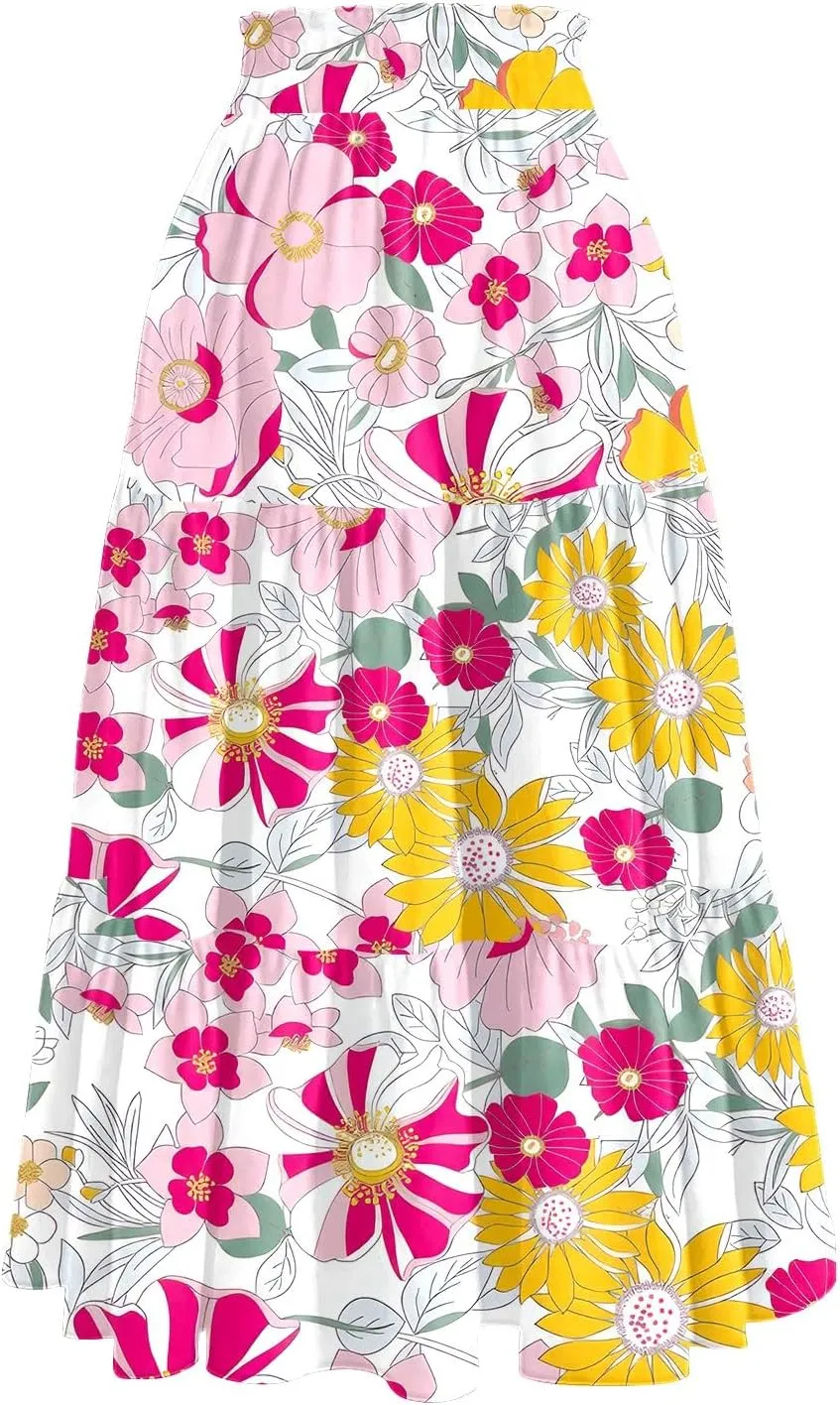Midi Skirts for Women Trendy Summer High Waisted Flowy Boho Floral Skirts Casual Tiered A Line Skirt with Pockets