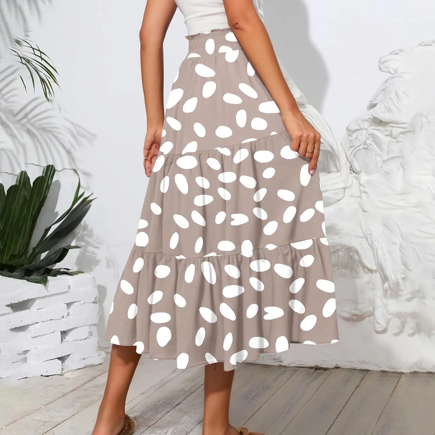 Midi Skirts for Women Trendy Summer High Waisted Flowy Boho Floral Skirts Casual Tiered A Line Skirt with Pockets