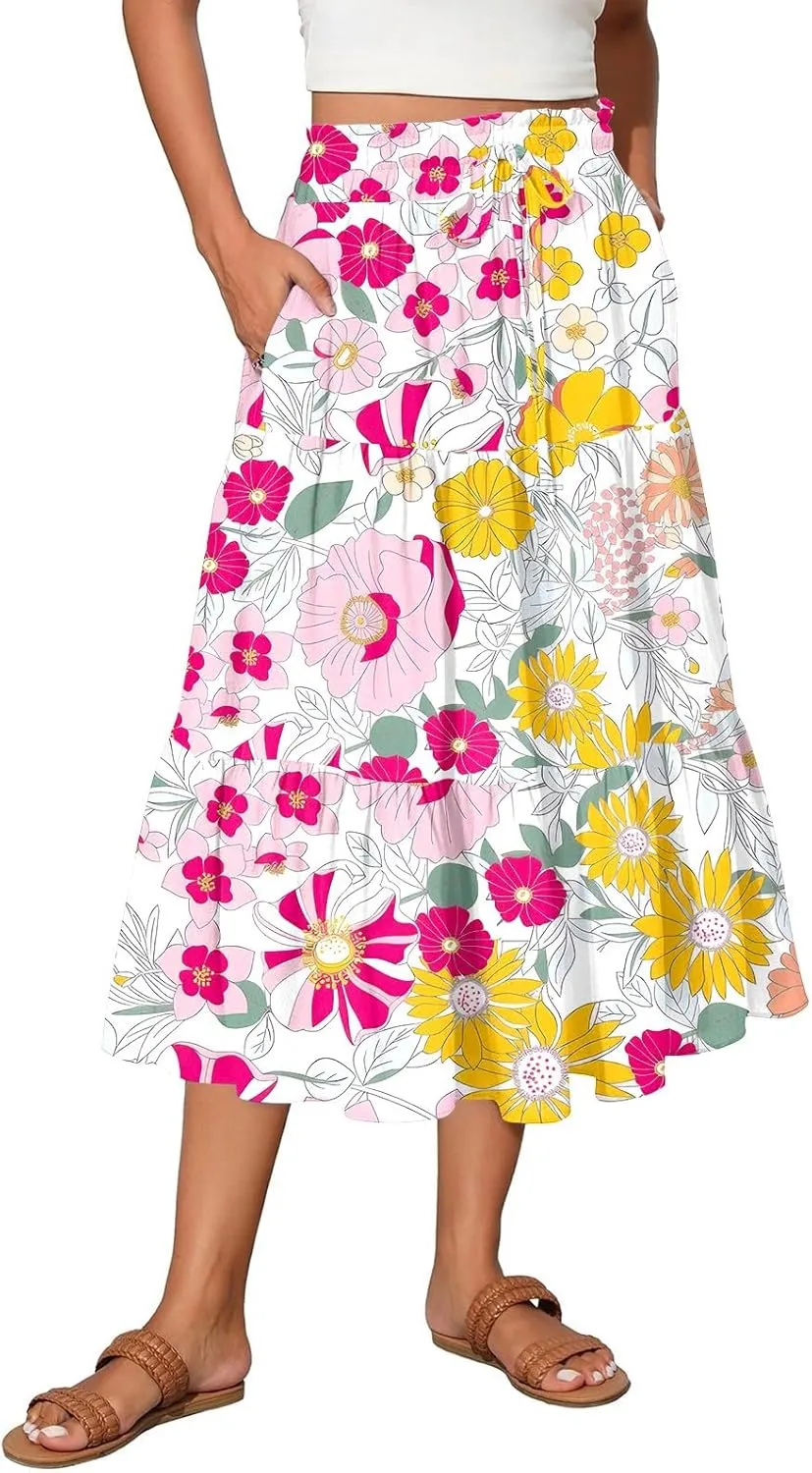 Midi Skirts for Women Trendy Summer High Waisted Flowy Boho Floral Skirts Casual Tiered A Line Skirt with Pockets