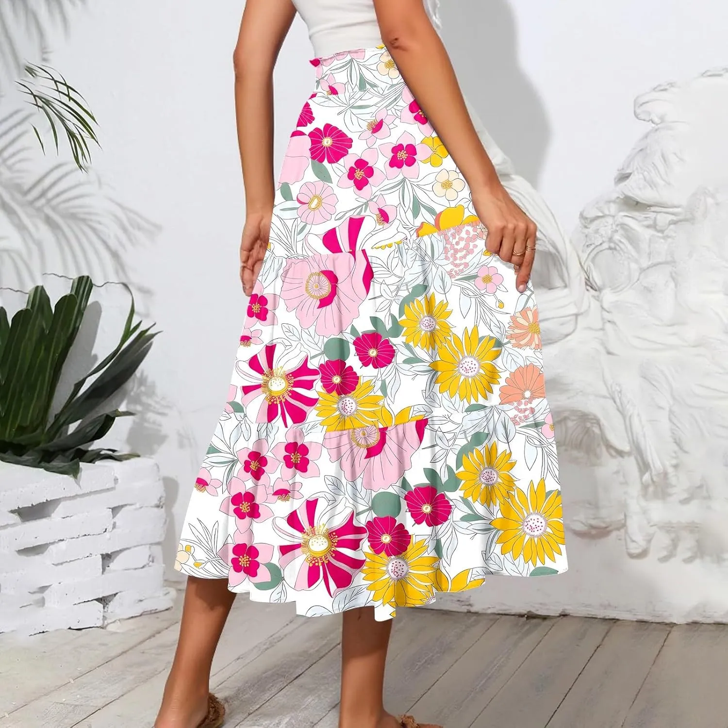 Midi Skirts for Women Trendy Summer High Waisted Flowy Boho Floral Skirts Casual Tiered A Line Skirt with Pockets