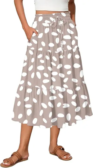 Midi Skirts for Women Trendy Summer High Waisted Flowy Boho Floral Skirts Casual Tiered A Line Skirt with Pockets