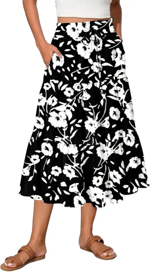 Midi Skirts for Women Trendy Summer High Waisted Flowy Boho Floral Skirts Casual Tiered A Line Skirt with Pockets