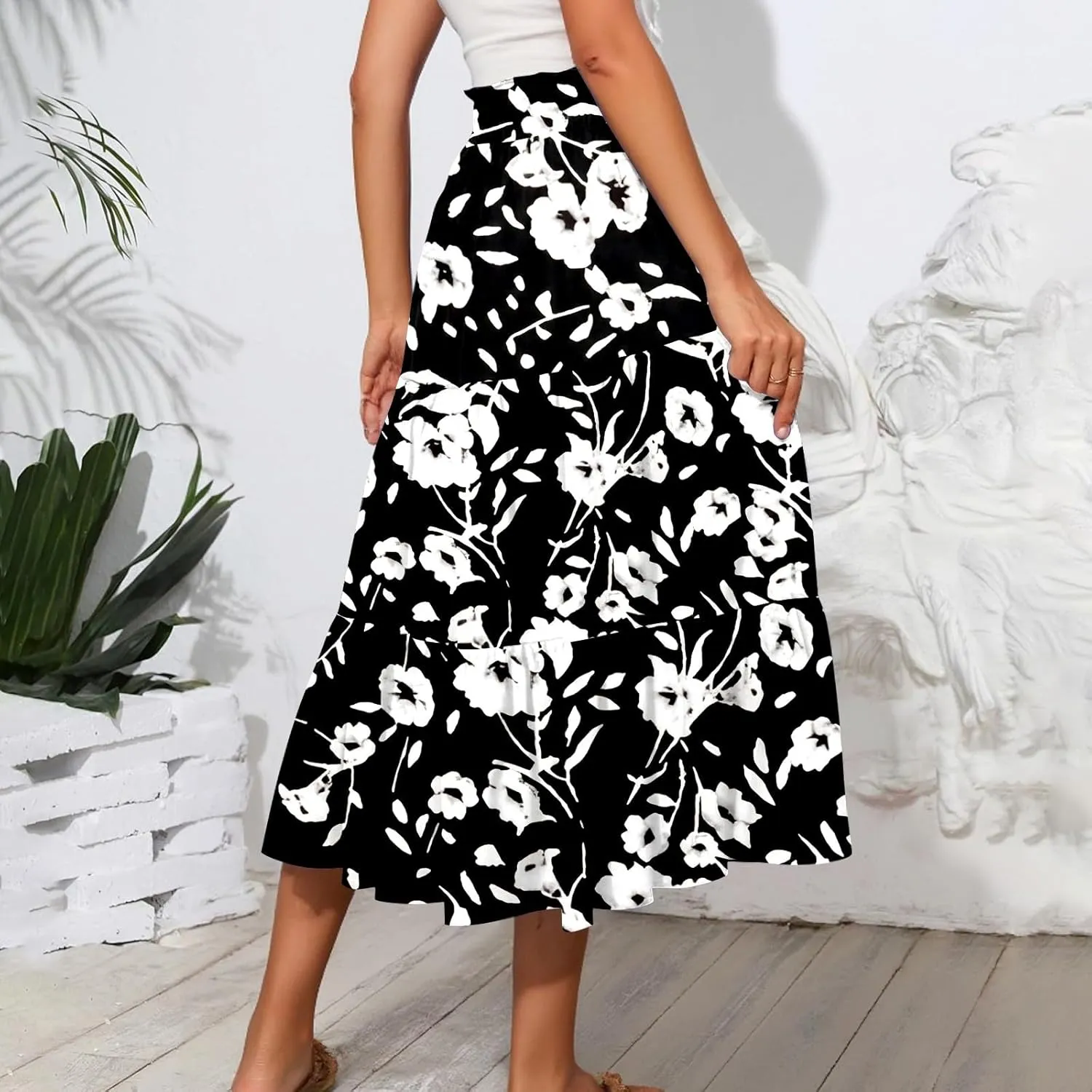 Midi Skirts for Women Trendy Summer High Waisted Flowy Boho Floral Skirts Casual Tiered A Line Skirt with Pockets