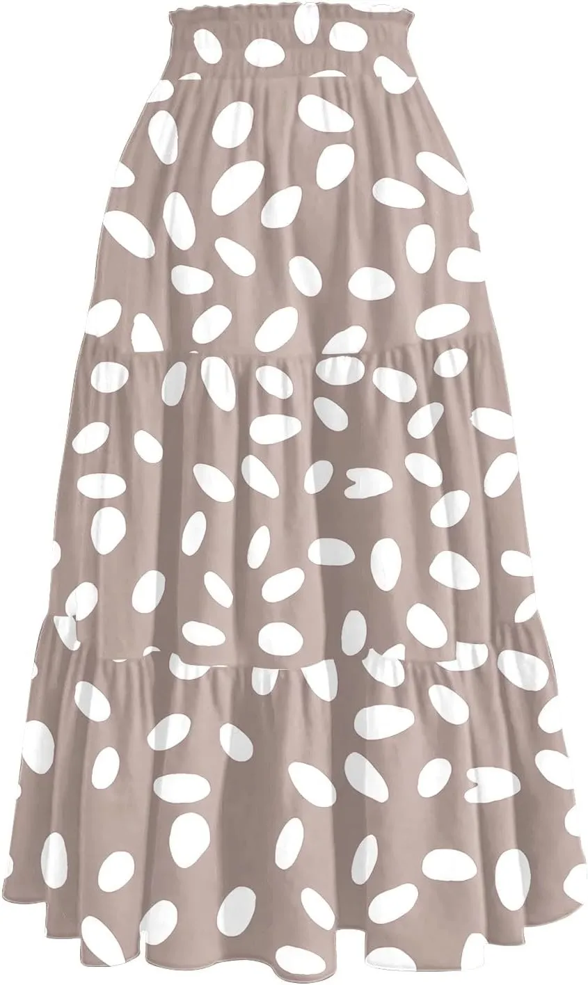 Midi Skirts for Women Trendy Summer High Waisted Flowy Boho Floral Skirts Casual Tiered A Line Skirt with Pockets