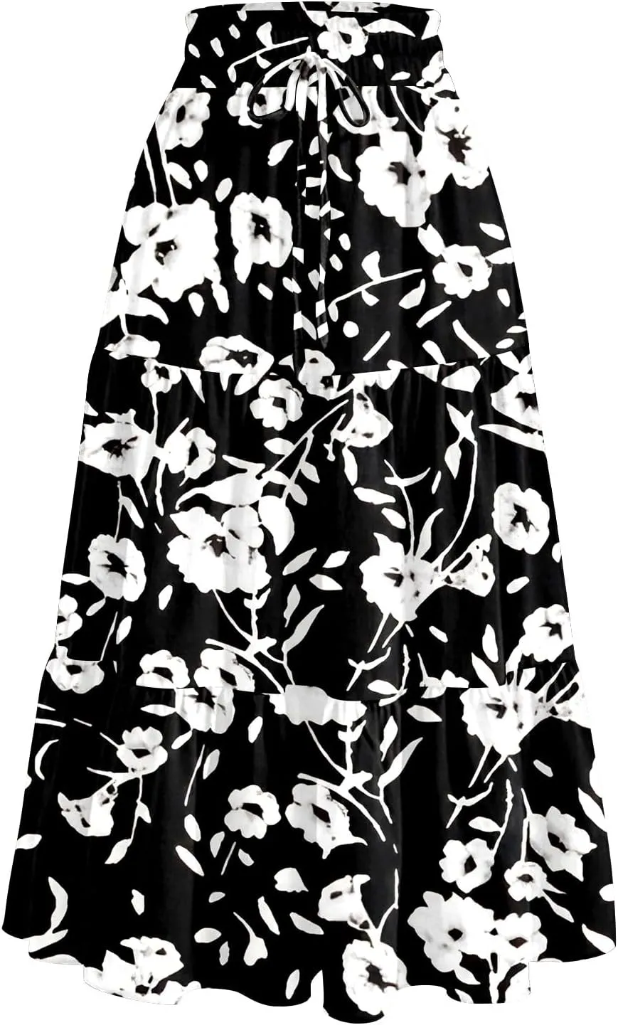 Midi Skirts for Women Trendy Summer High Waisted Flowy Boho Floral Skirts Casual Tiered A Line Skirt with Pockets