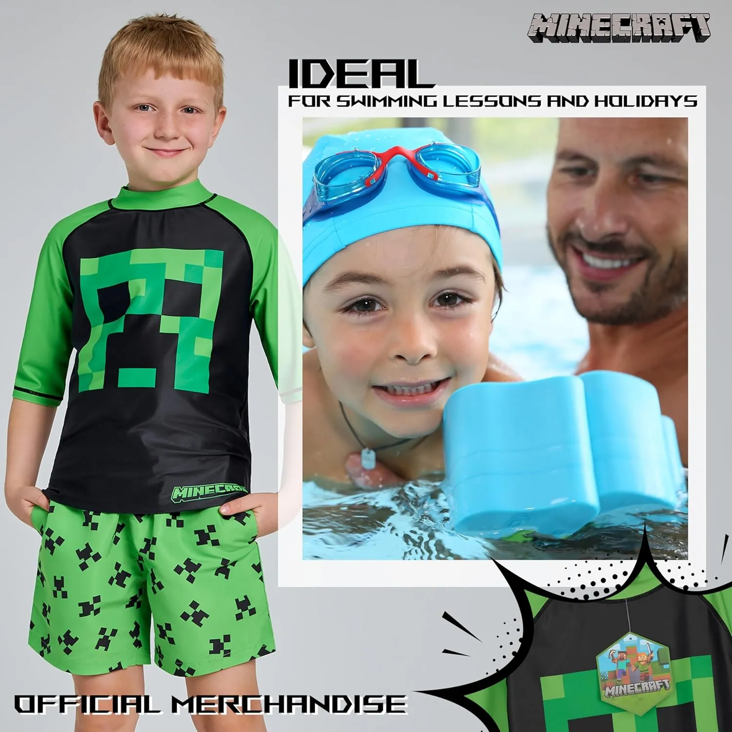 Minecraft Boys 2 Piece Swim Set, Swimming Top and Boys Swim Trunks
