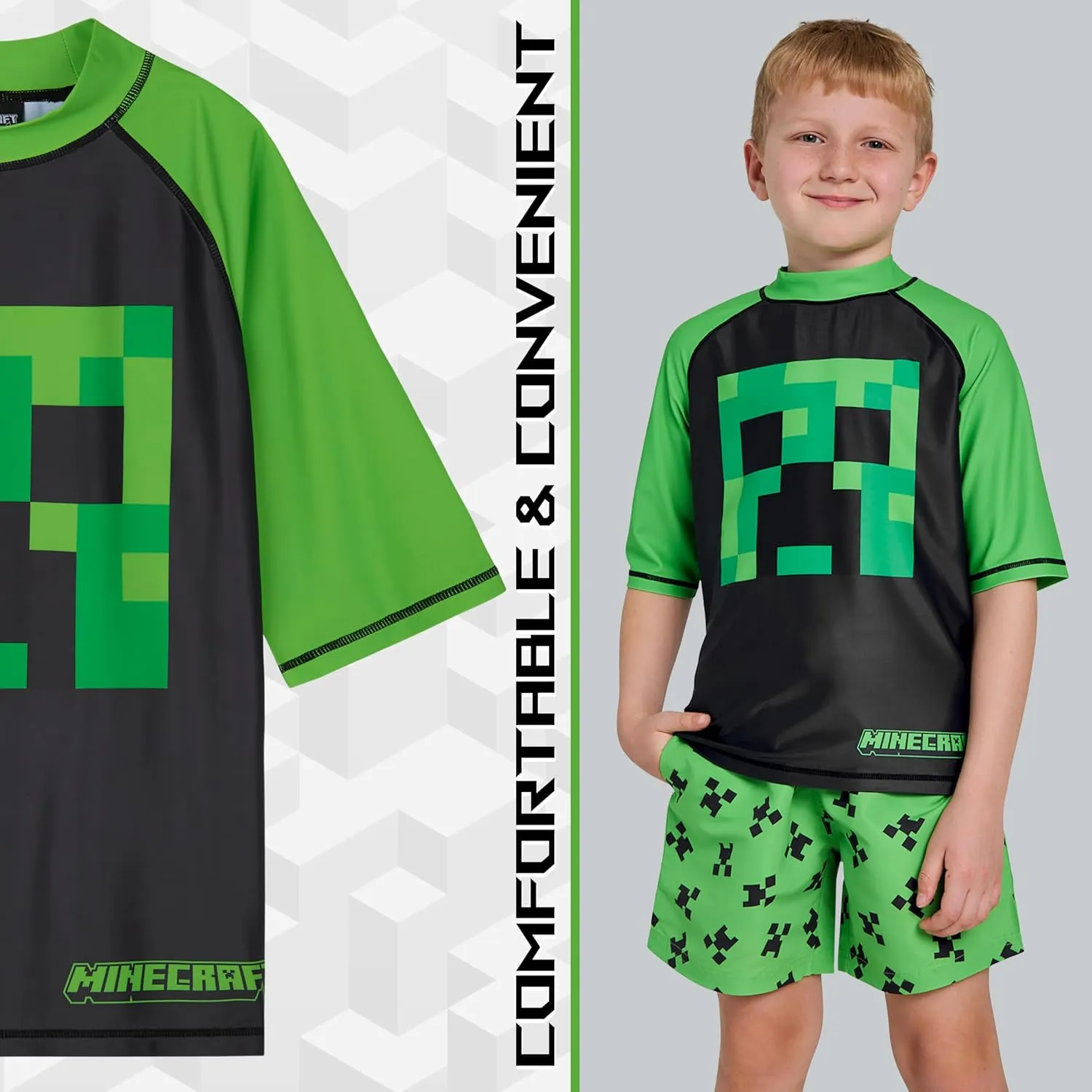 Minecraft Boys 2 Piece Swim Set, Swimming Top and Boys Swim Trunks