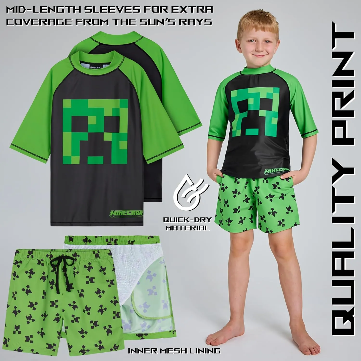Minecraft Boys 2 Piece Swim Set, Swimming Top and Boys Swim Trunks