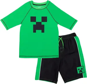 Minecraft Zombie Creeper Alex Steve Rash Guard and Swim Trunks Outfit Set Little Kid to Big Kid