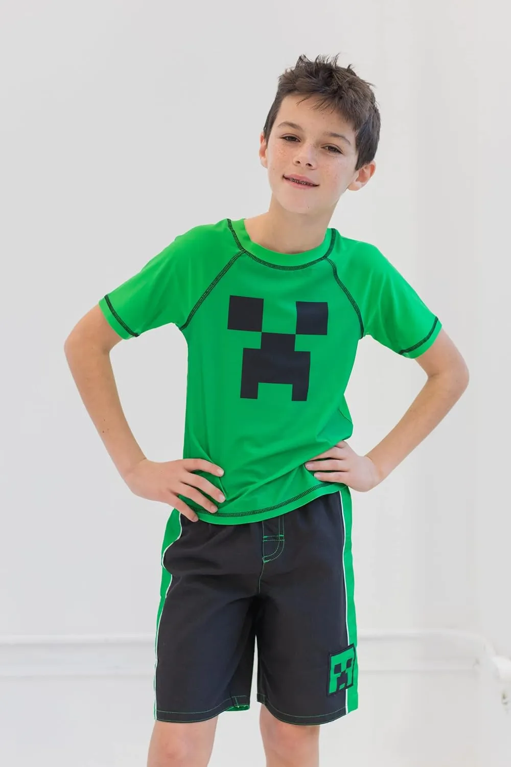 Minecraft Zombie Creeper Alex Steve Rash Guard and Swim Trunks Outfit Set Little Kid to Big Kid