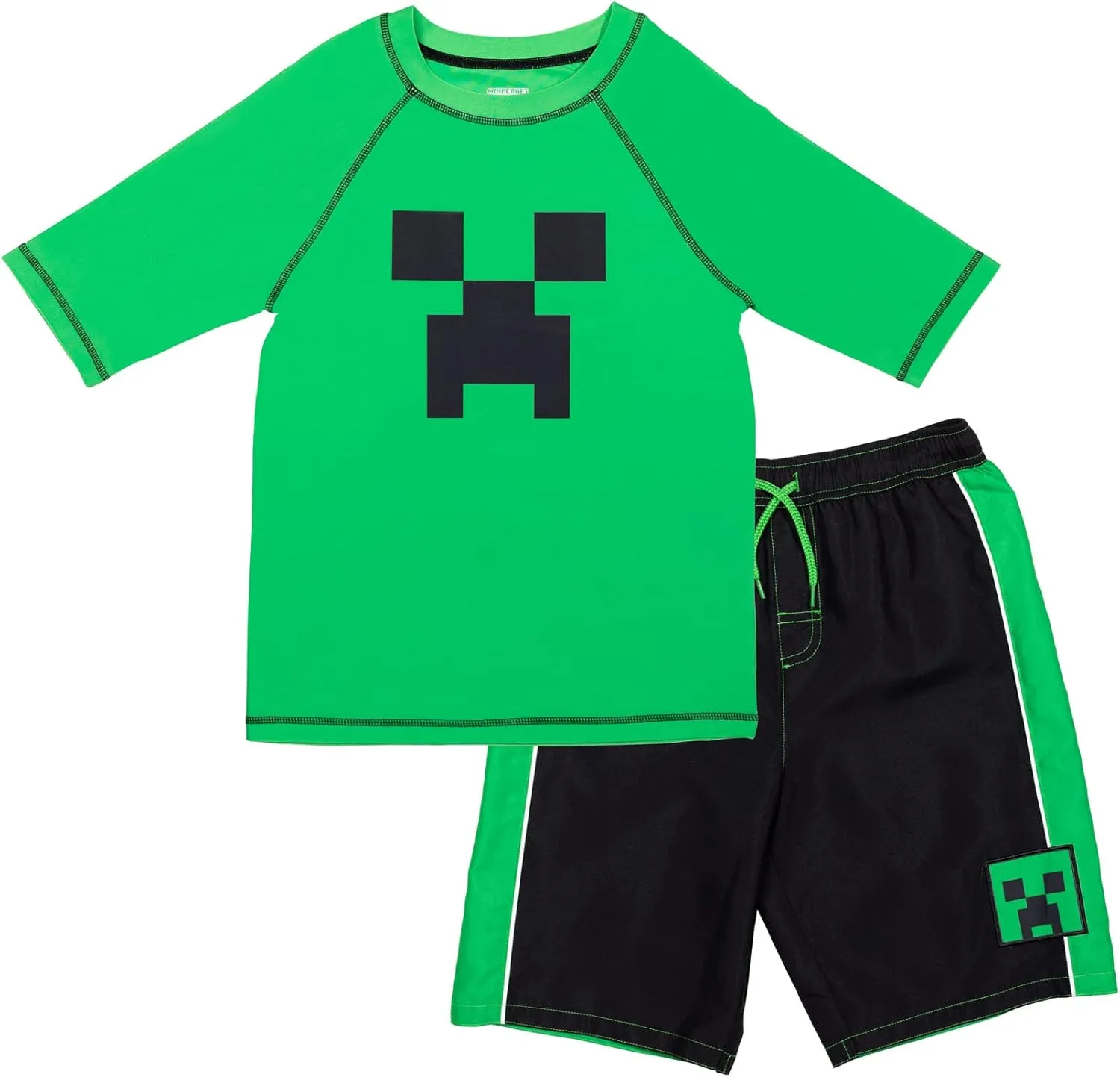 Minecraft Zombie Creeper Alex Steve Rash Guard and Swim Trunks Outfit Set Little Kid to Big Kid