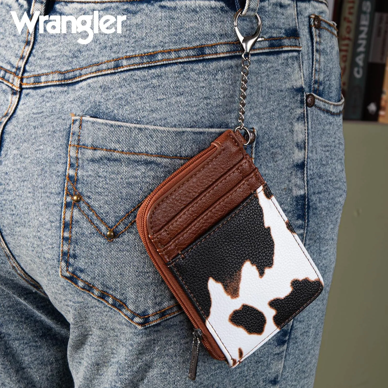 Montana West Wrangler Cow Print Credit Card Holder Cute Keychain Wallet with A Zipper Pocket