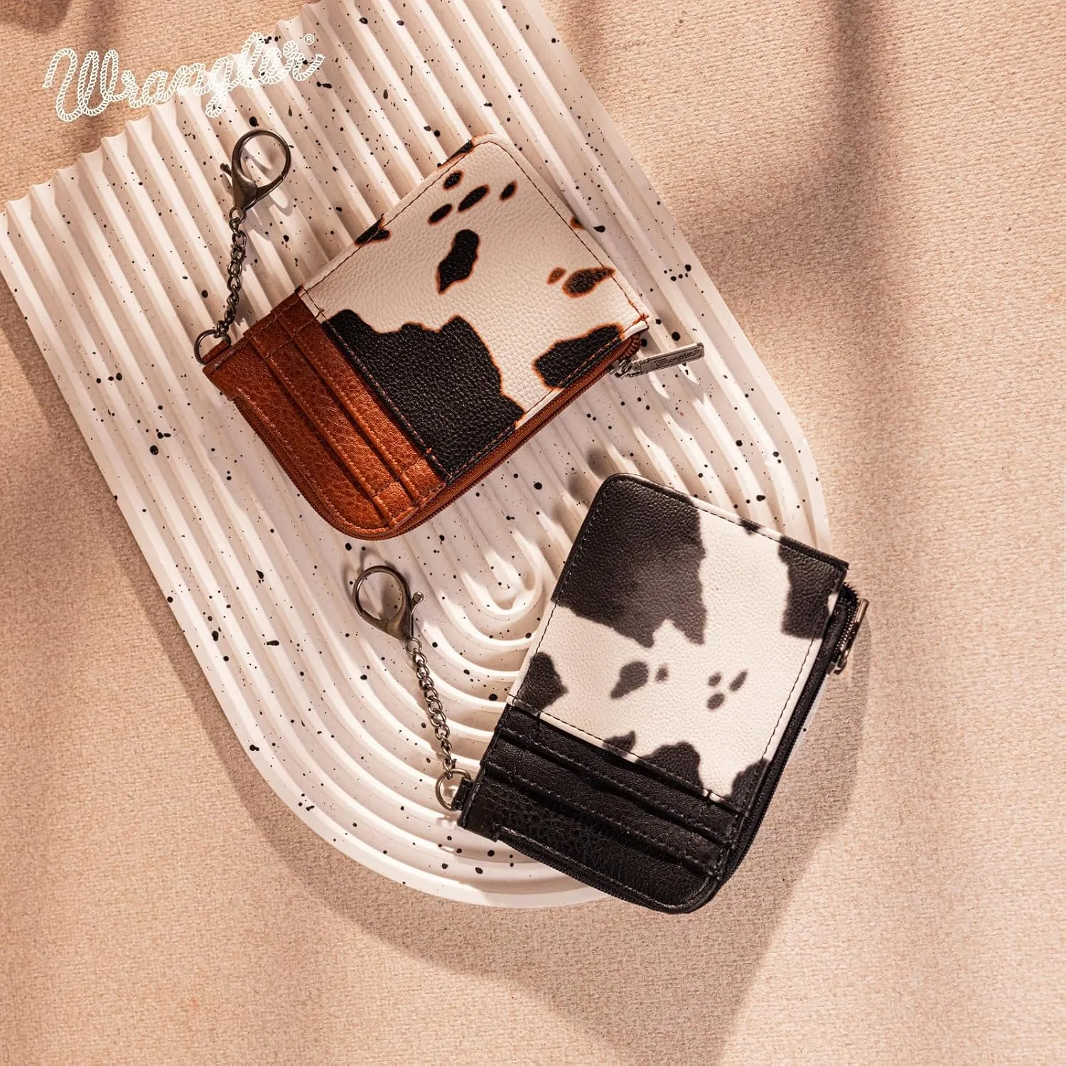 Montana West Wrangler Cow Print Credit Card Holder Cute Keychain Wallet with A Zipper Pocket