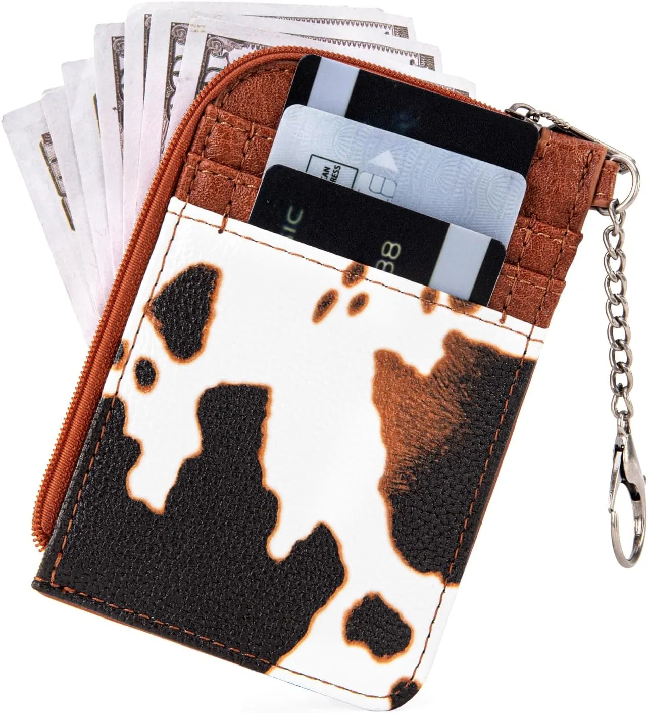 Montana West Wrangler Cow Print Credit Card Holder Cute Keychain Wallet with A Zipper Pocket