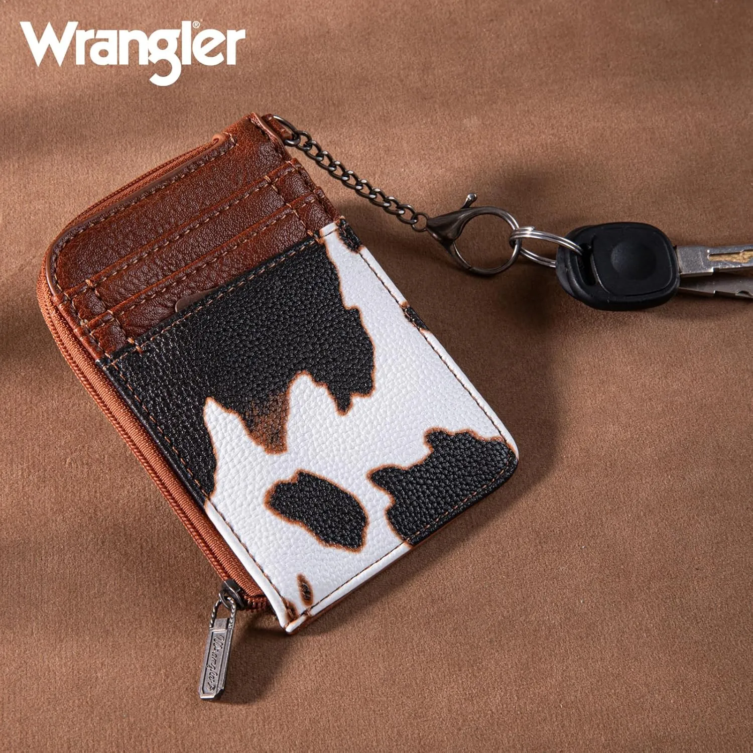 Montana West Wrangler Cow Print Credit Card Holder Cute Keychain Wallet with A Zipper Pocket