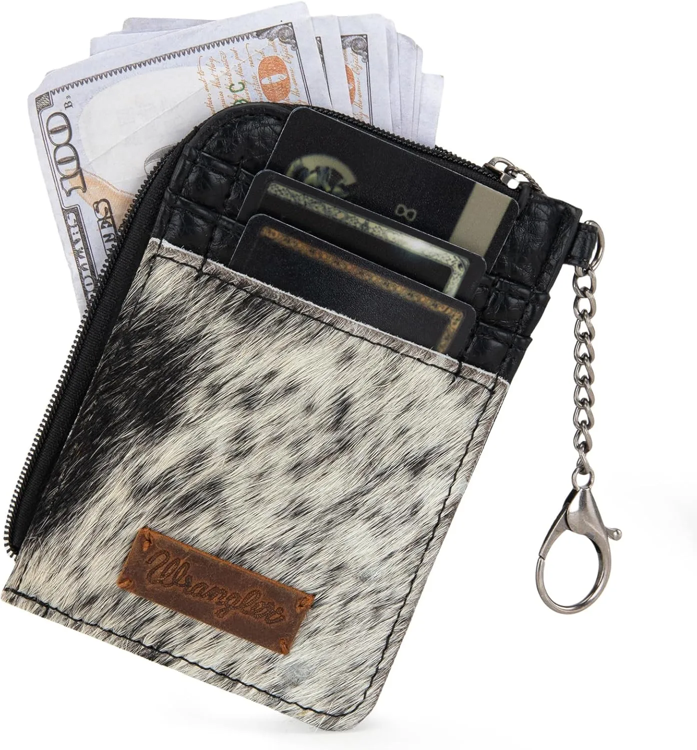 Montana West Wrangler Horsehair Card Wallet for Women Cowhide Credit Card Holder Rustic Animal Print Wallet with Keychain WG66-W005BK