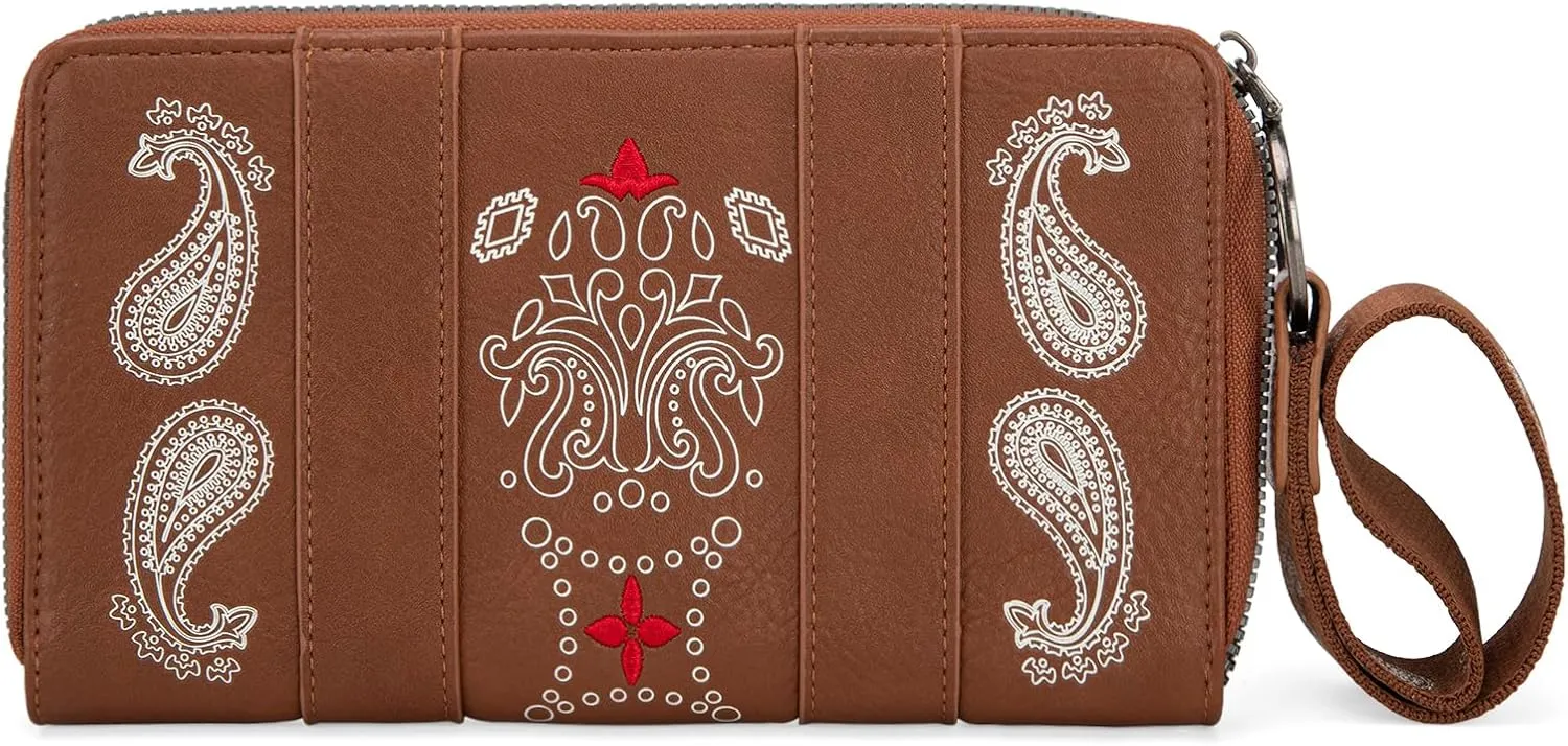 Montana West  Wrangler Wristlet Wallet for Women, RFID Bifold Travel Wallet, Boutique Paisley Designer Women's Wallet, Brown