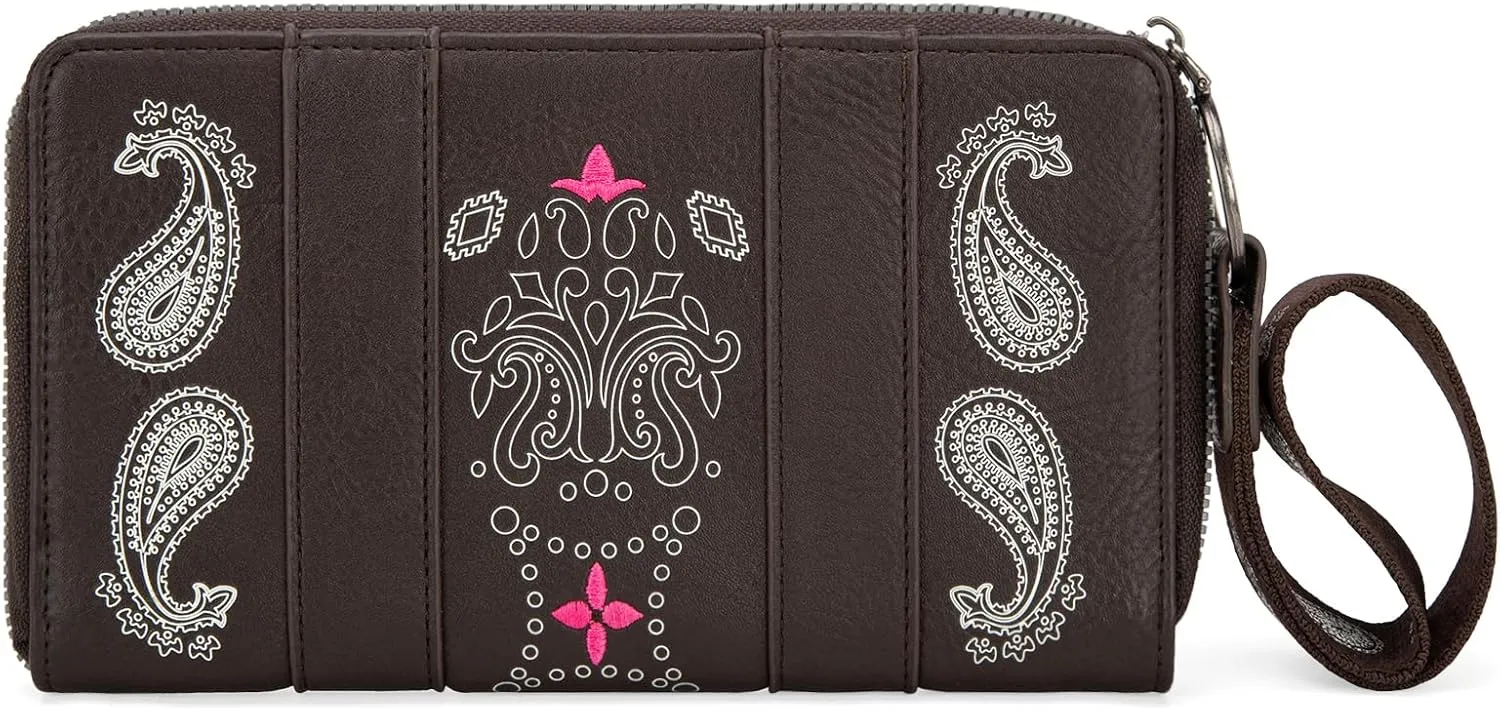 Montana West  Wrangler Wristlet Wallet for Women, Vegan Leather Checkbook Wallet, RFID Paisley Designer Woman Wallet, Coffee