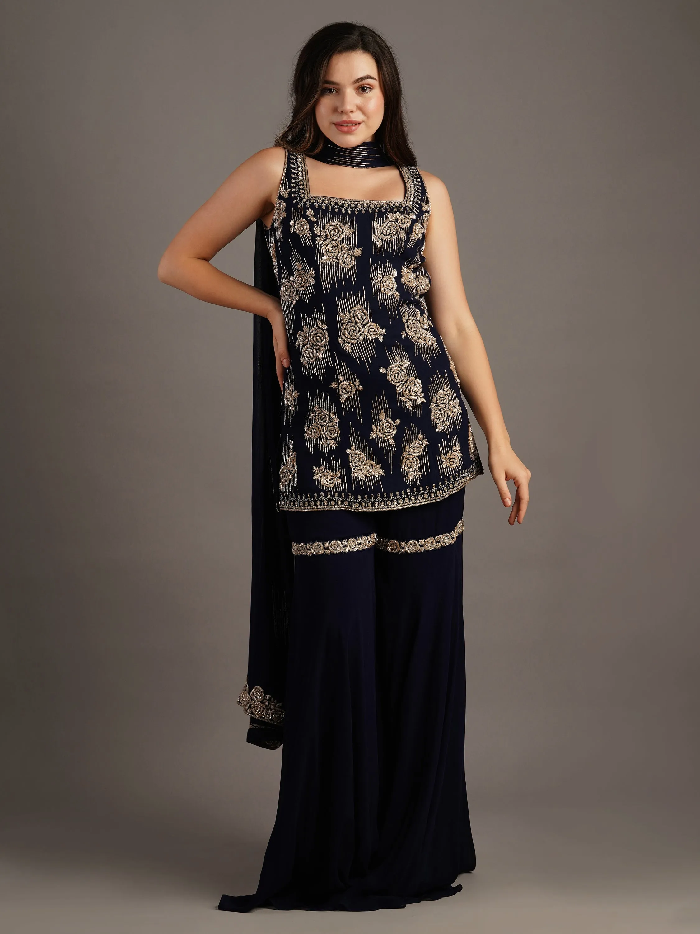 Navy Georgette Rose Embroidered Kurti And Sharara Set With Dupatta
