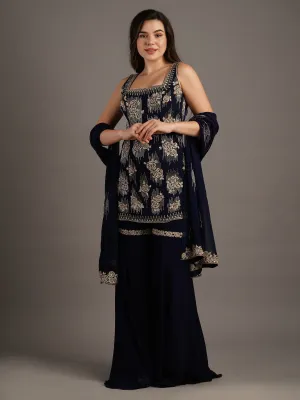Navy Georgette Rose Embroidered Kurti And Sharara Set With Dupatta