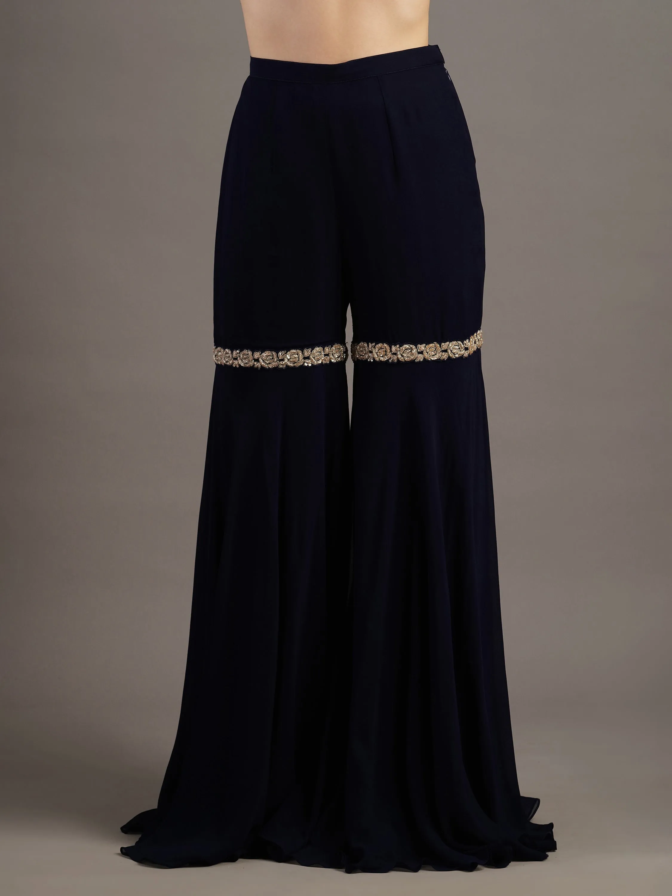 Navy Georgette Rose Embroidered Kurti And Sharara Set With Dupatta